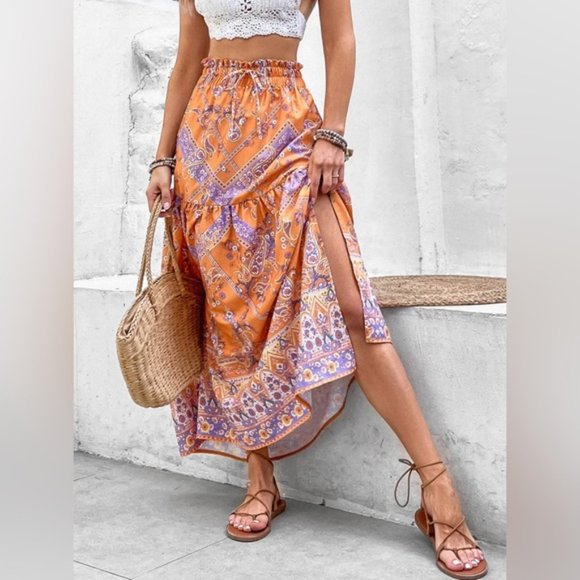 Paisley Print Split Thigh Knot Front Skirt - Picture 3 of 6